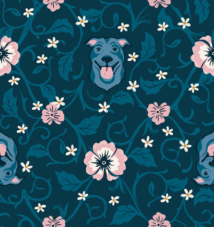 Floral Pets on Teal Navy